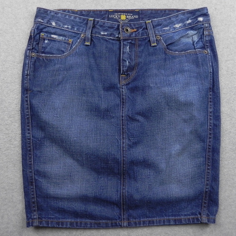 Lucky Brand Denim Pencil Skirt Womens 6/28 Blue Cotton Distressed Jean Mini